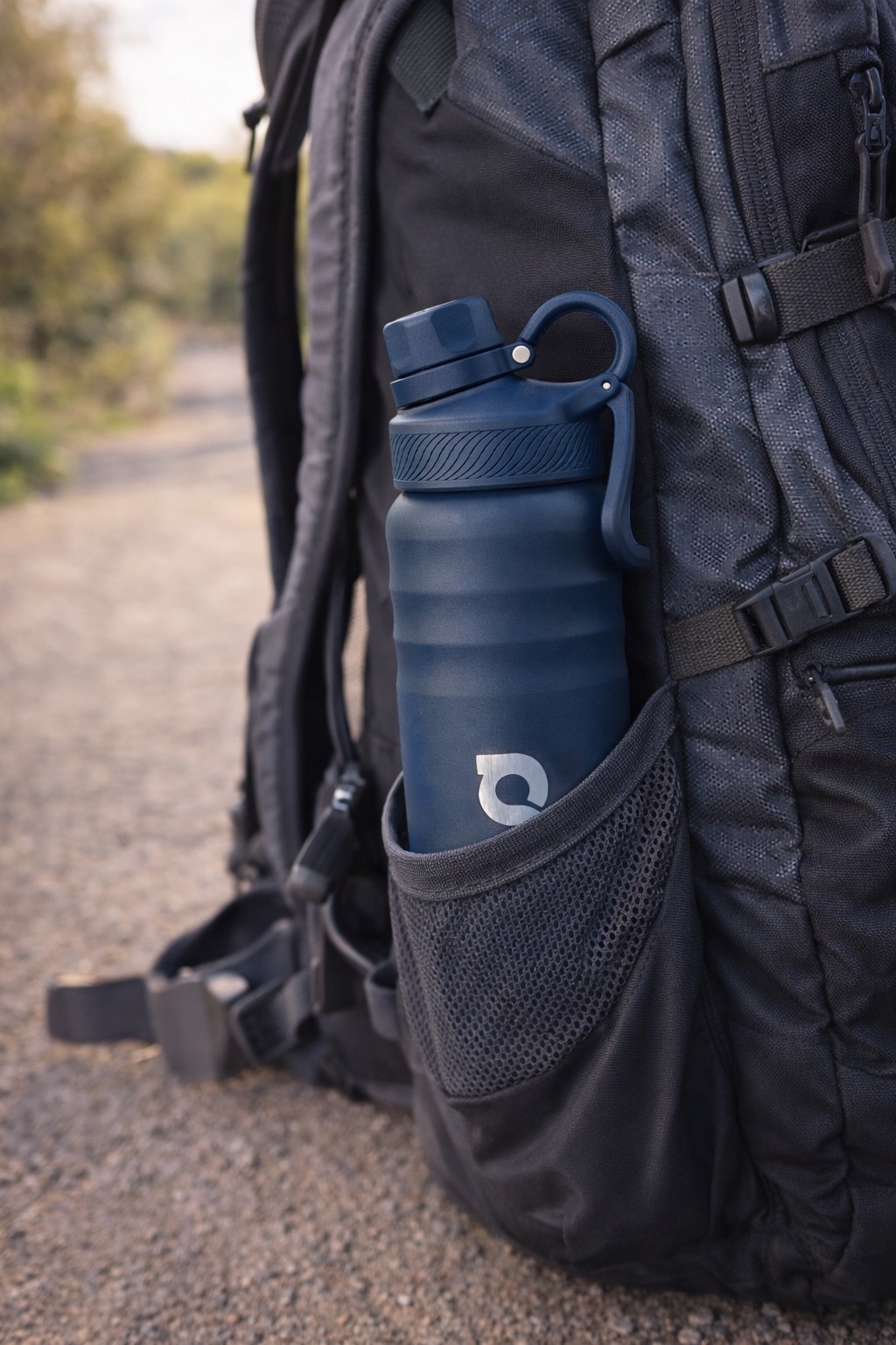 Termo RON Navy Blue en la mochila, listo para la aventura